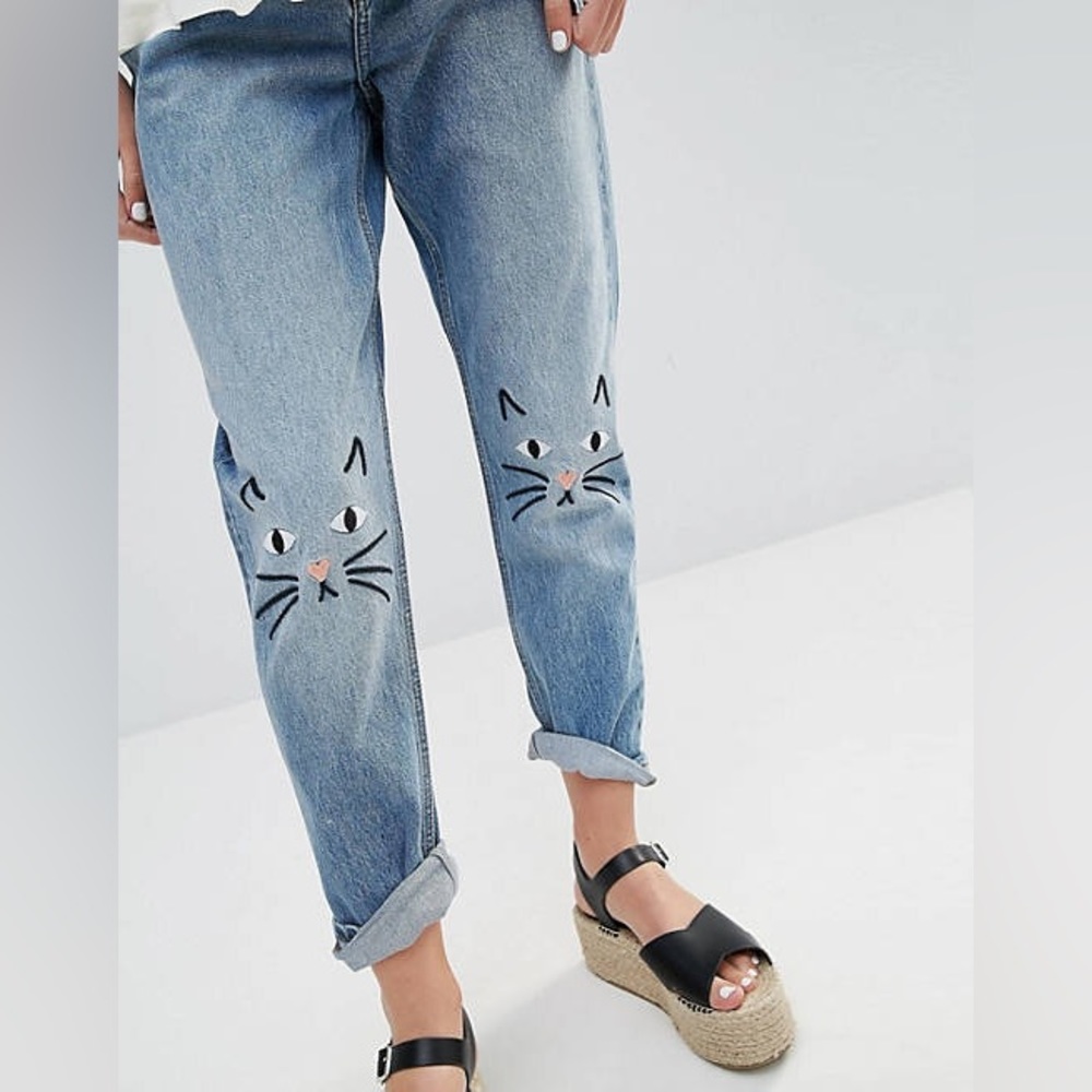 Zafsi Blings Cat Embroidered Jeans